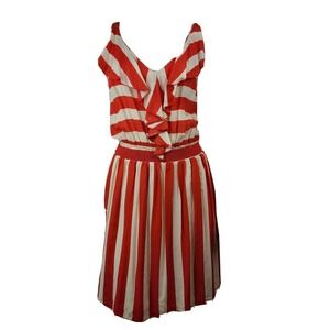 Naf Naf Dress Womens Size Medium EU 40  Orange White Striped Sleeveless Ruffle